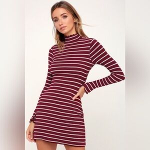 Lulus Charm Class Burgundy and White Striped Long Sleeve Dress Women’s Medium